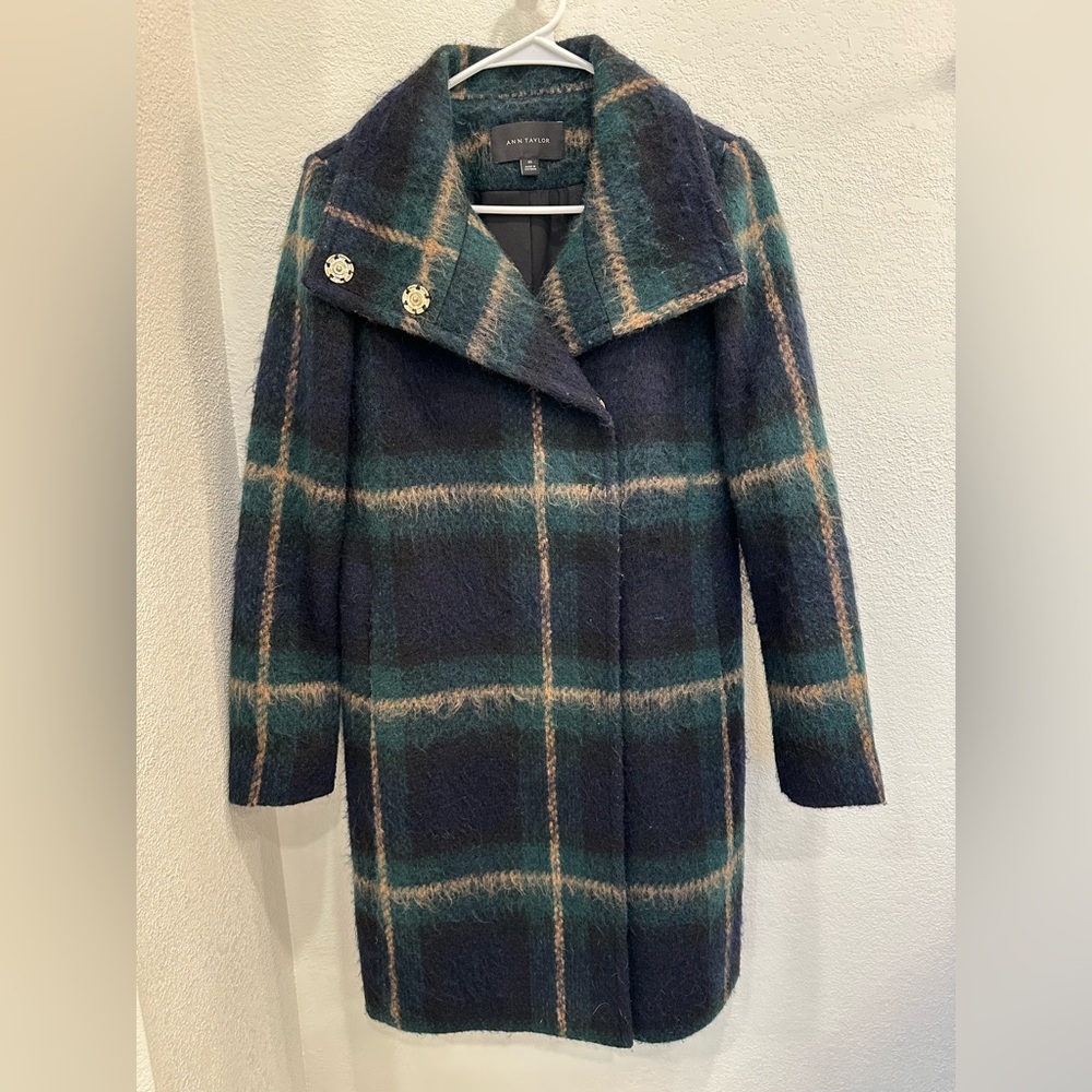 Ann Taylor Blue and Green Plaid Pea Coat